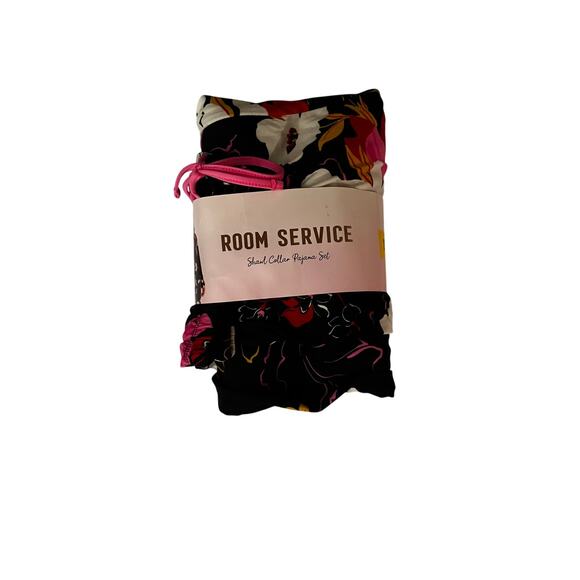 Room Service Shawl Collar Pajama Set (Size S) Color: Black/Pink/White-Floral New - Picture 11 of 13